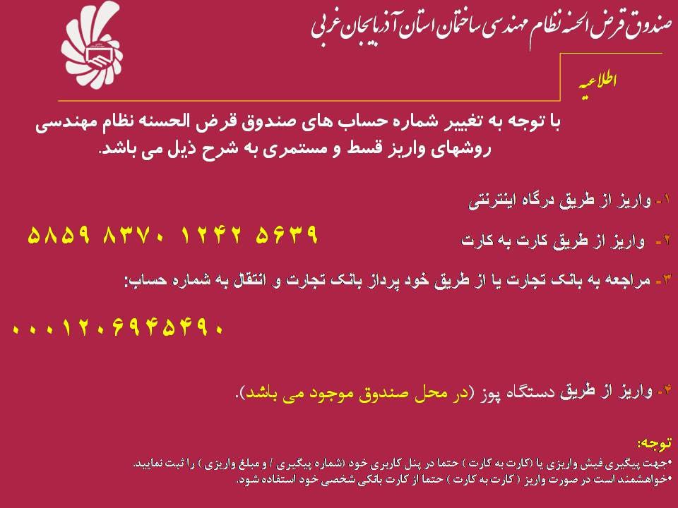 روش های واریز قسط و مستمری اعضای صندوق قرض الحسنه سازمان نظام مهندسی ساختمان استان آذربایجان غربی 
