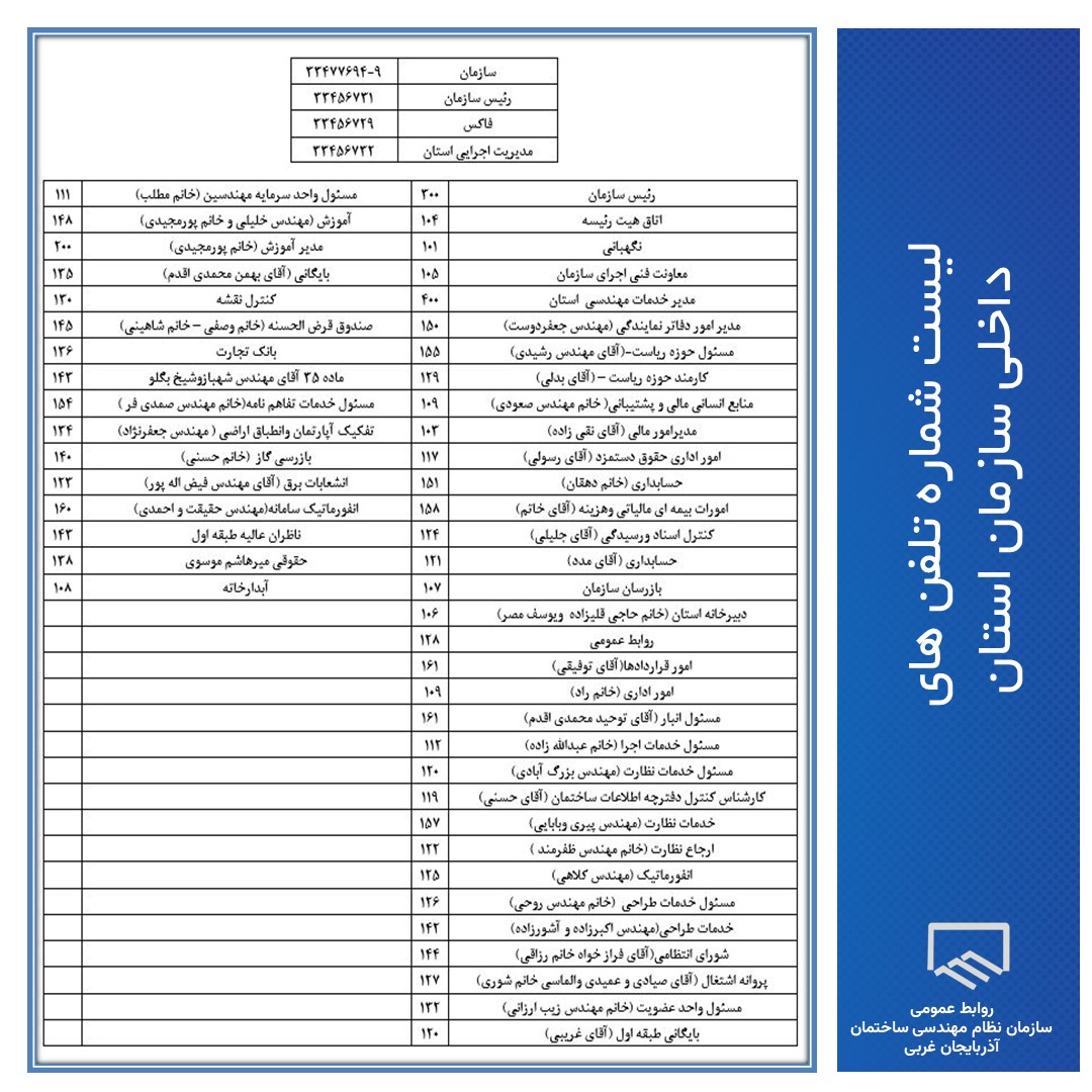لیست شماره تلفن های داخلی سازمان استان