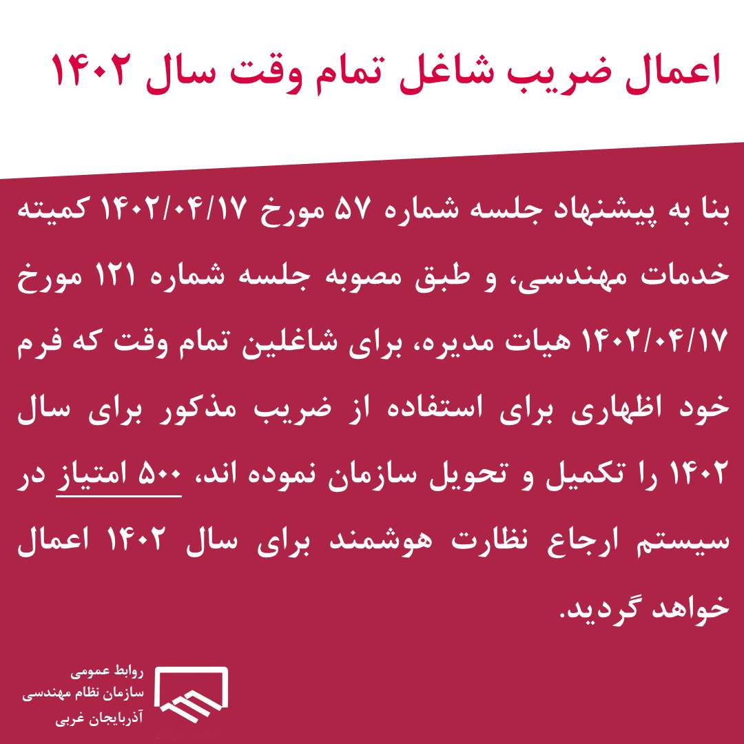اعمال ضریب شاغلین تمام وقت در حرفه برای سال 1402